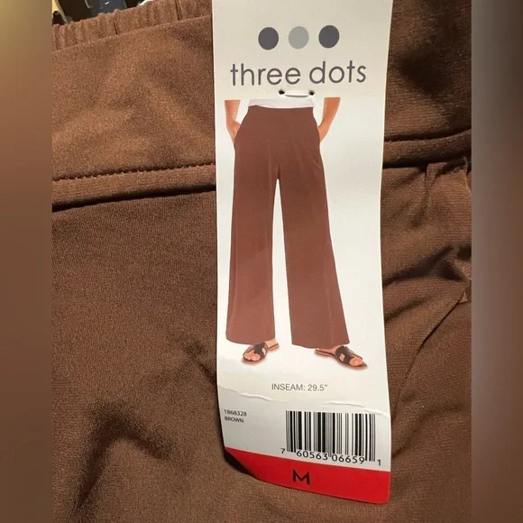 NWT Three Dots Women's Pull-On wide leg brown Pant - Picture 5 of 8